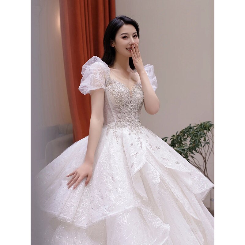 Embroidery Beaded Bubble Sleeveless Princess Wedding Gown