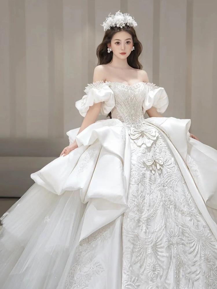 Boat Neck Satin Sweep Train Princess Wedding Gown Lace Embroidery