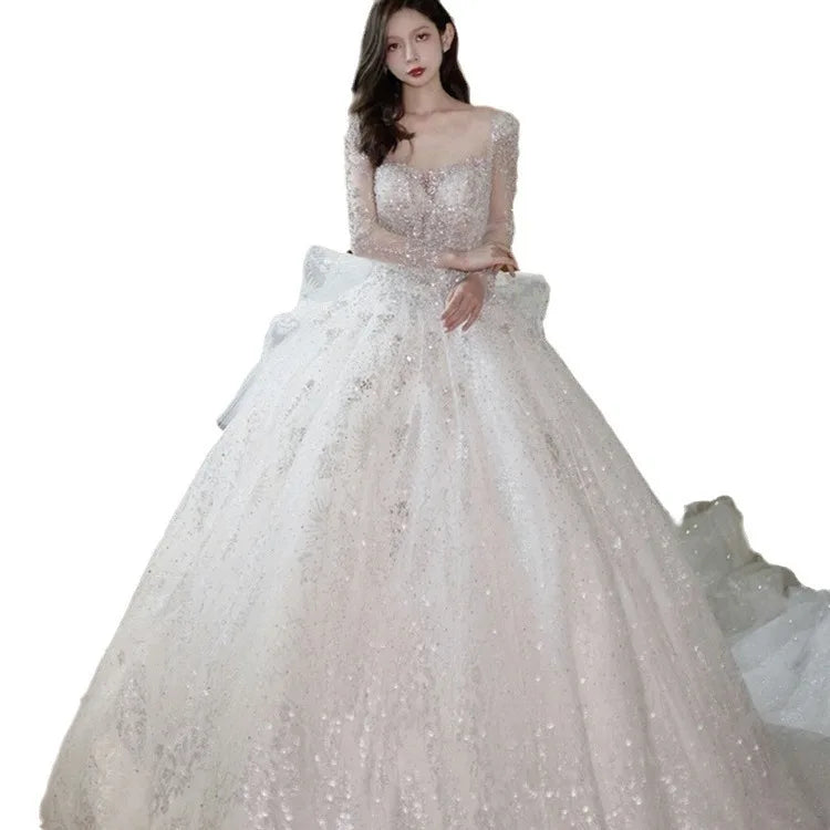 Long Sleeved Vintage Elegant Wedding Dress For Women Lace Sequined Beading Princess Ball Gown