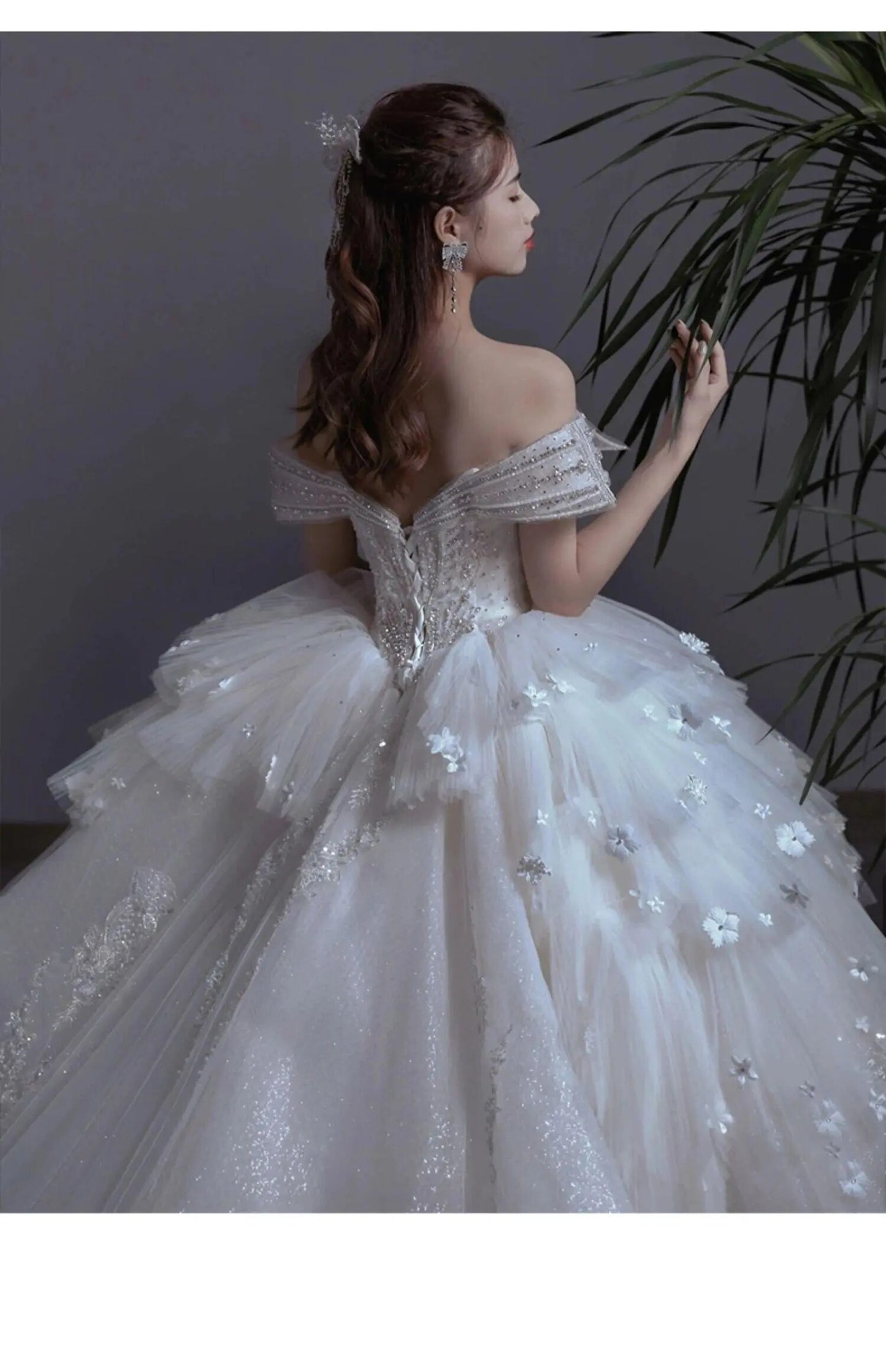 Floral Print Off The Shoulder Lace Luxury Wedding Dress