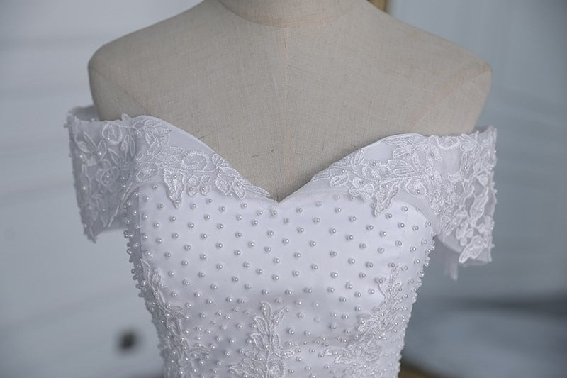 Off Shoulder Appliqes Pearls Long Train Bridal Gowns