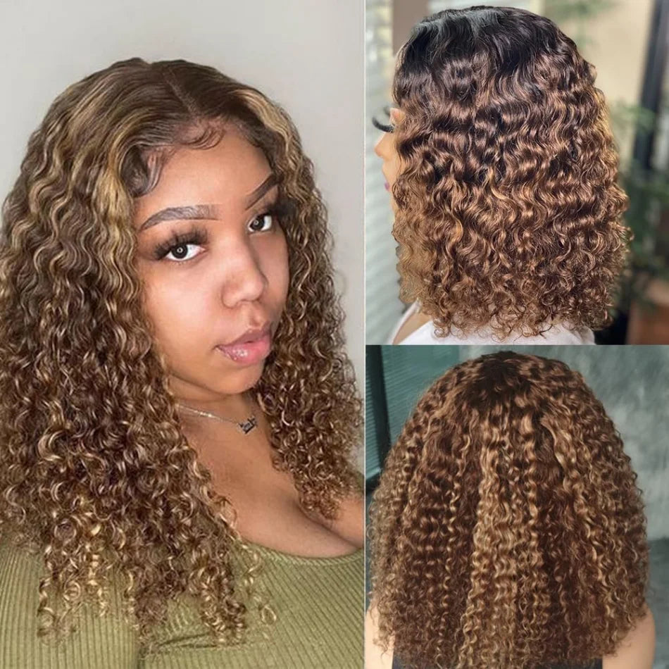 Bob Wig Human Hair 100% Highlight Ombre 5X5 Hd Lace Closure Wig Curly Short
