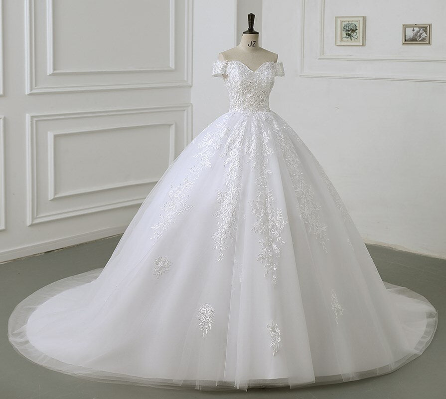 Luxury Applique Wedding Dress Off The Shoulder Lace Bridal Gown With Train Ball Gown
