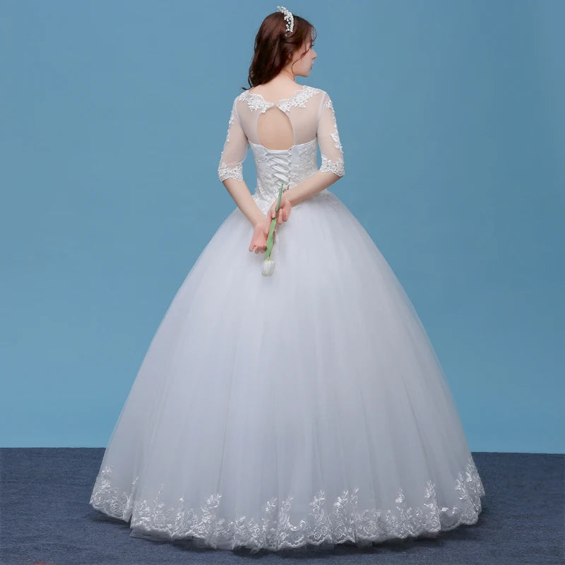 Lace A- Line O-neck Wedding Dresses Cheap Floor Length Ivory Bride Gowns Custom Made