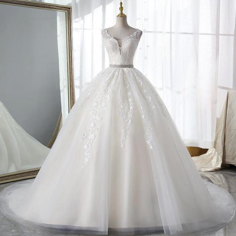 Champagne Wedding Dress With Trian Sexy V-neck Bridal Dress Backless Ball Gown