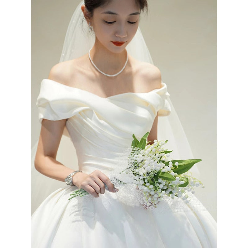 Spring Off The Shoulder Wedding Dress Simple Satin Sweep Train Bridal Gown