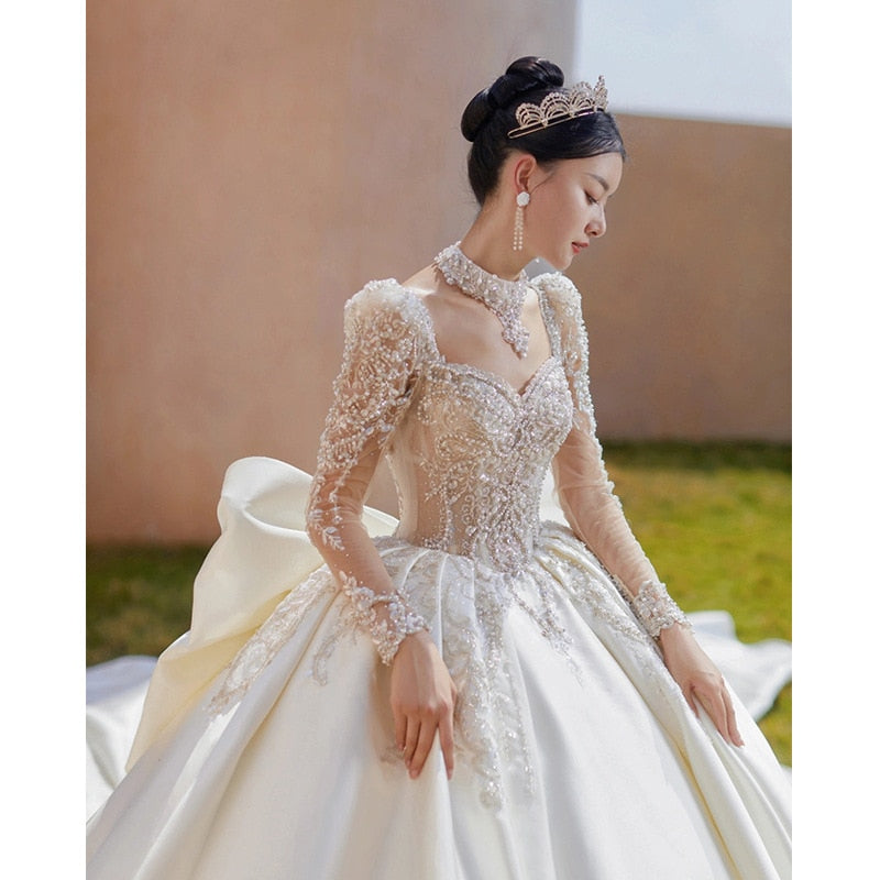 Luxury Bride Dress Pearl Satin Backless Strap With Large Bow Floor-length And Trailing