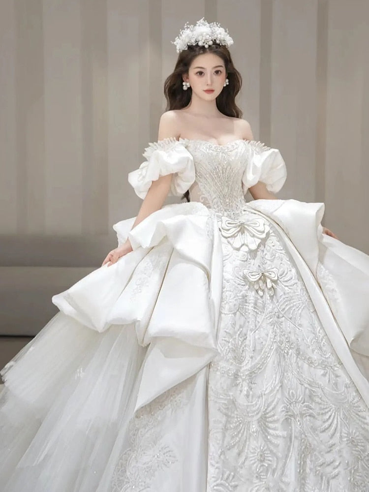 Boat Neck Satin Sweep Train Princess Wedding Gown Lace Embroidery
