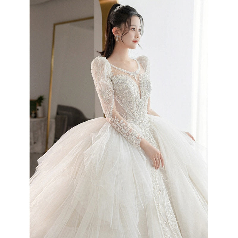 Beading Wedding Dress Sexy See Through Deep V Neck Bride Dress