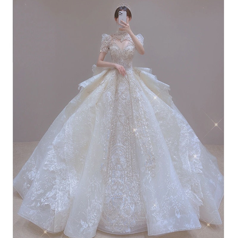 Luxury Vintage Shiny Long Train Big Beading Ball Gown