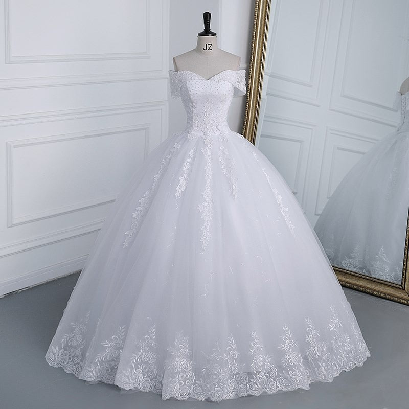 Off The Shoulder Plus Size Lace Wedding Dress Long Train Appliqes Pearls Bridal Tulle