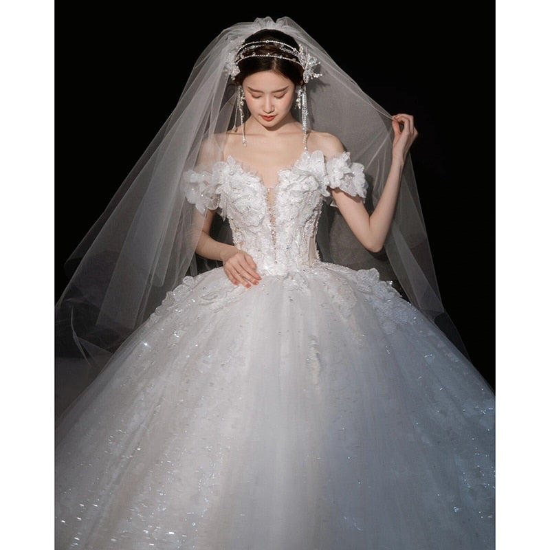 Luxury Off The Shoulder Sexy V-neck Bridal Dress