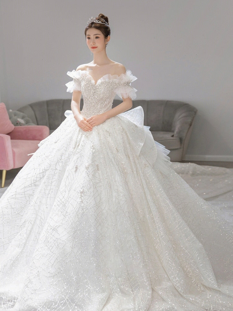 Luxury Wedding Dress Off The Shoulder Bridal Dress Lace Applique Custom Made