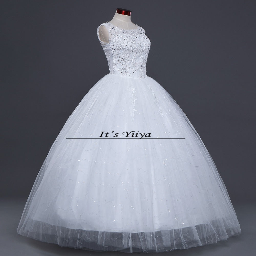 Free shipping 2016 Sequins O-neck White Wedding Dresses Princess Vestidos De Novia Wedding Ball Gowns Cheap Wedding Frocks HS230