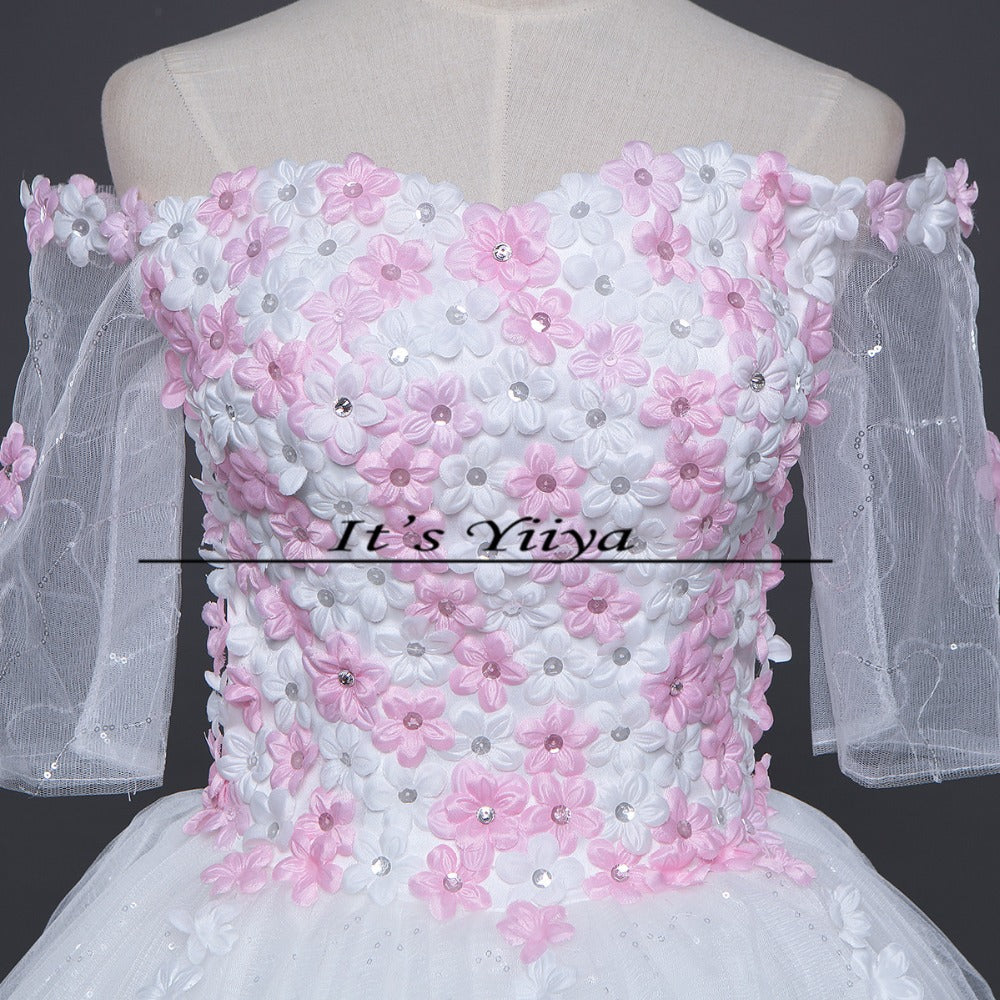 Free Shipping 2017 Vestidos De Novia Boat neck Flower Tulle Sleeves Wedding Dresses White Cheap Bride Frocks Plus size H606