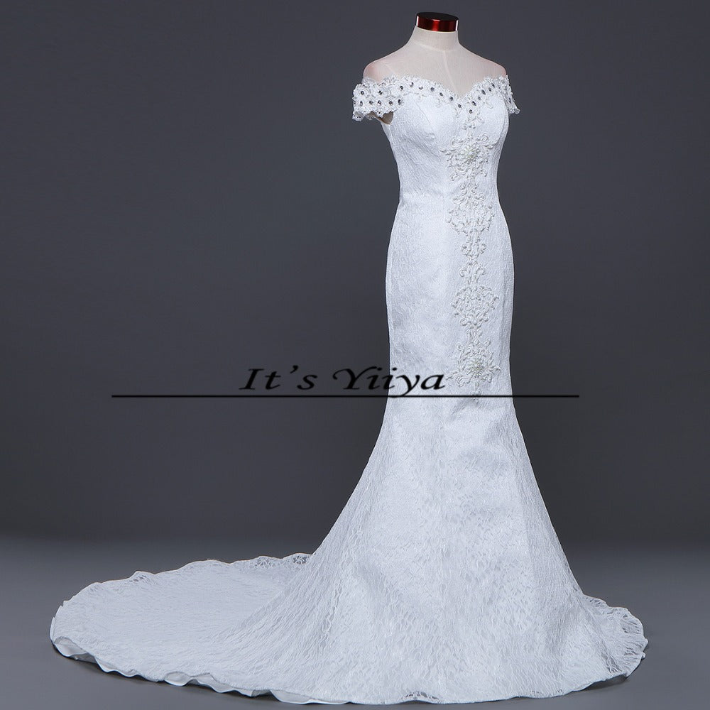 Free Shipping Vestidos De Novia New Mermaid Boat Neck Train Wedding Dress Lace Trailing Bride Gowns Custom Made D209