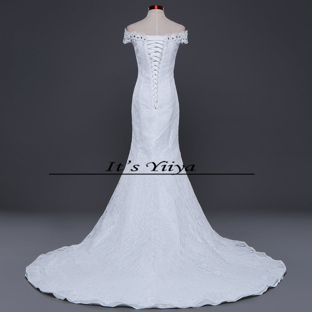 Free Shipping Vestidos De Novia New Mermaid Boat Neck Train Wedding Dress Lace Trailing Bride Gowns Custom Made D209