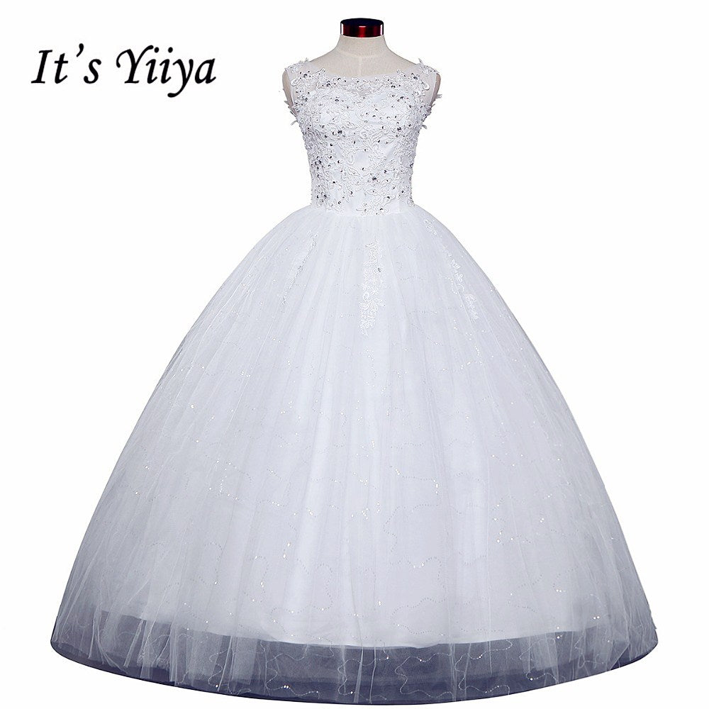 Free shipping 2016 Sequins O-neck White Wedding Dresses Princess Vestidos De Novia Wedding Ball Gowns Cheap Wedding Frocks HS230