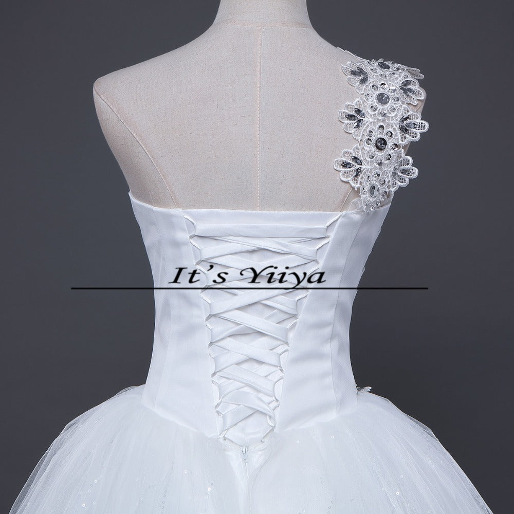 Free Shipping New Cheap Bride One Shoulder Plus size Sequins Wedding Dress Lace up Frocks Bride Ball Gowns Vestidos De Novia H47