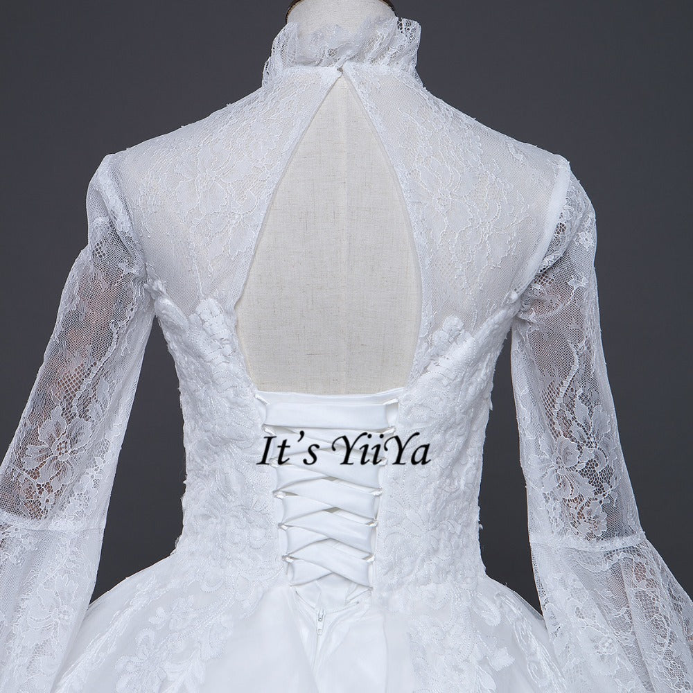 Free Shipping High neck Vestidos De Novia Off white dress Bridal Ball gowns Long sleeve Frocks Elegant Wedding dresses IY030