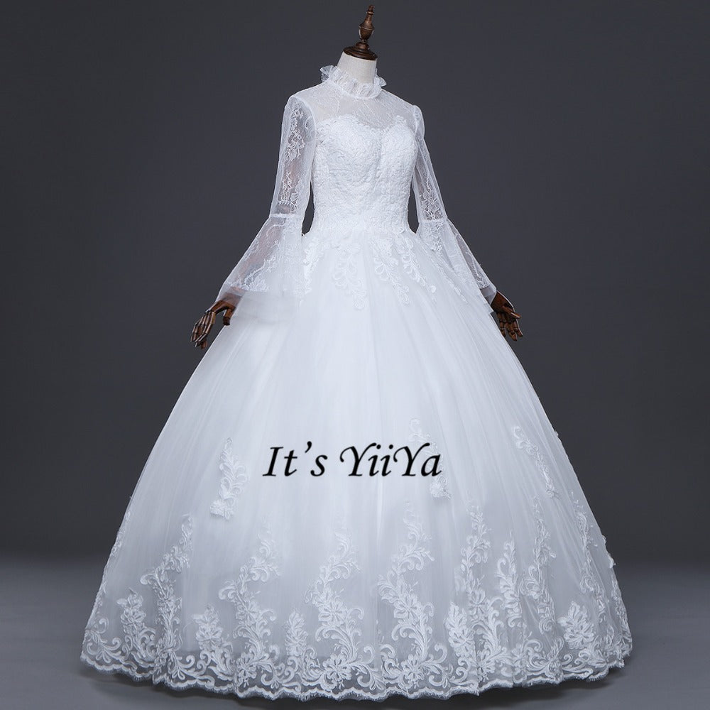 Free Shipping High neck Vestidos De Novia Off white dress Bridal Ball gowns Long sleeve Frocks Elegant Wedding dresses IY030