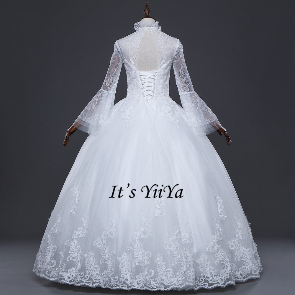 Free Shipping High neck Vestidos De Novia Off white dress Bridal Ball gowns Long sleeve Frocks Elegant Wedding dresses IY030