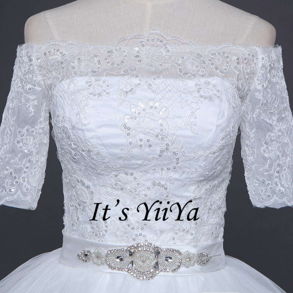 2017 New Arrival Free Shipping Off white Wedding dresses Boat Neck Bridal Ball gowns Half Sleeve Frocks Vestidos De Novia IY022