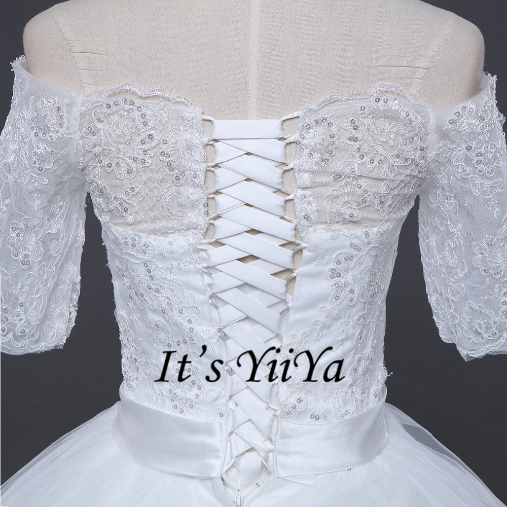 2017 New Arrival Free Shipping Off white Wedding dresses Boat Neck Bridal Ball gowns Half Sleeve Frocks Vestidos De Novia IY022