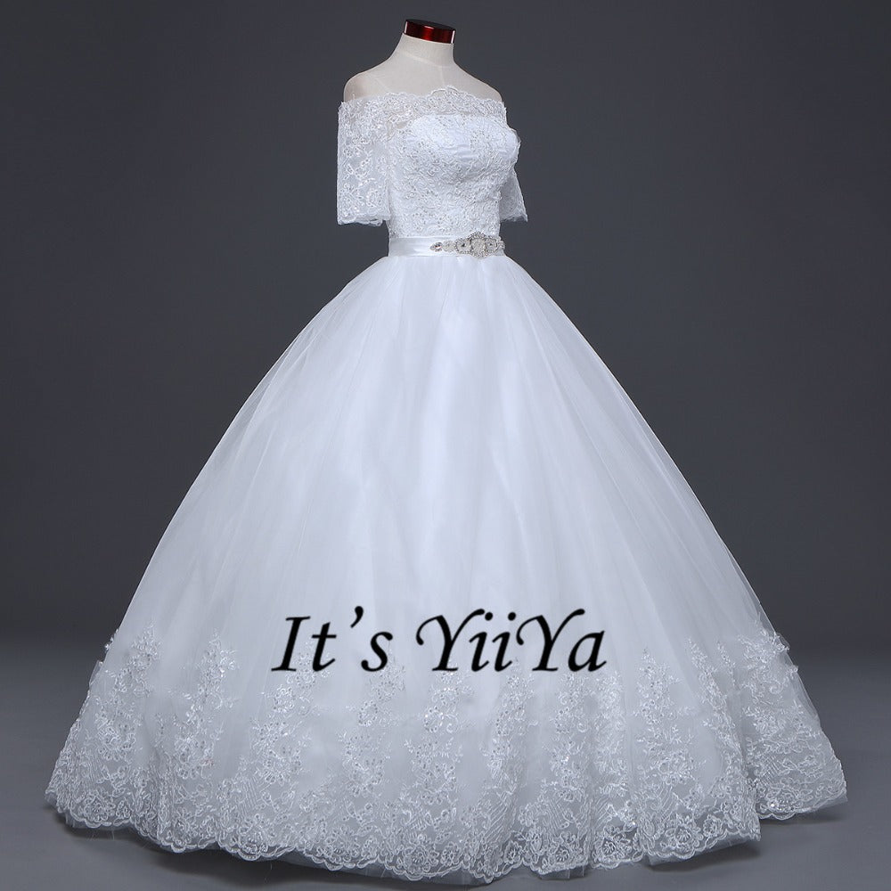 2017 New Arrival Free Shipping Off white Wedding dresses Boat Neck Bridal Ball gowns Half Sleeve Frocks Vestidos De Novia IY022