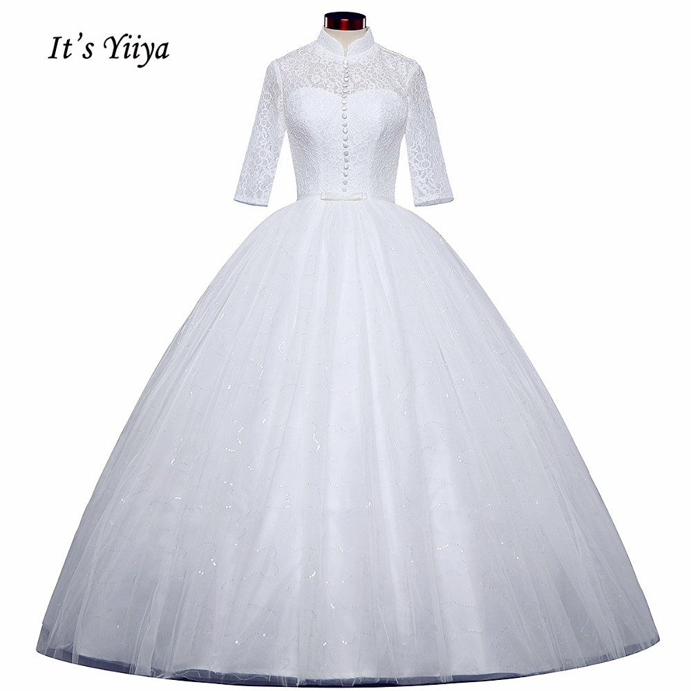 Free shipping White Wedding Ball Gowns High neck Three Quarter Sleeves Princess Vestidos De Novia Lovely Frock Bride Dress IY001