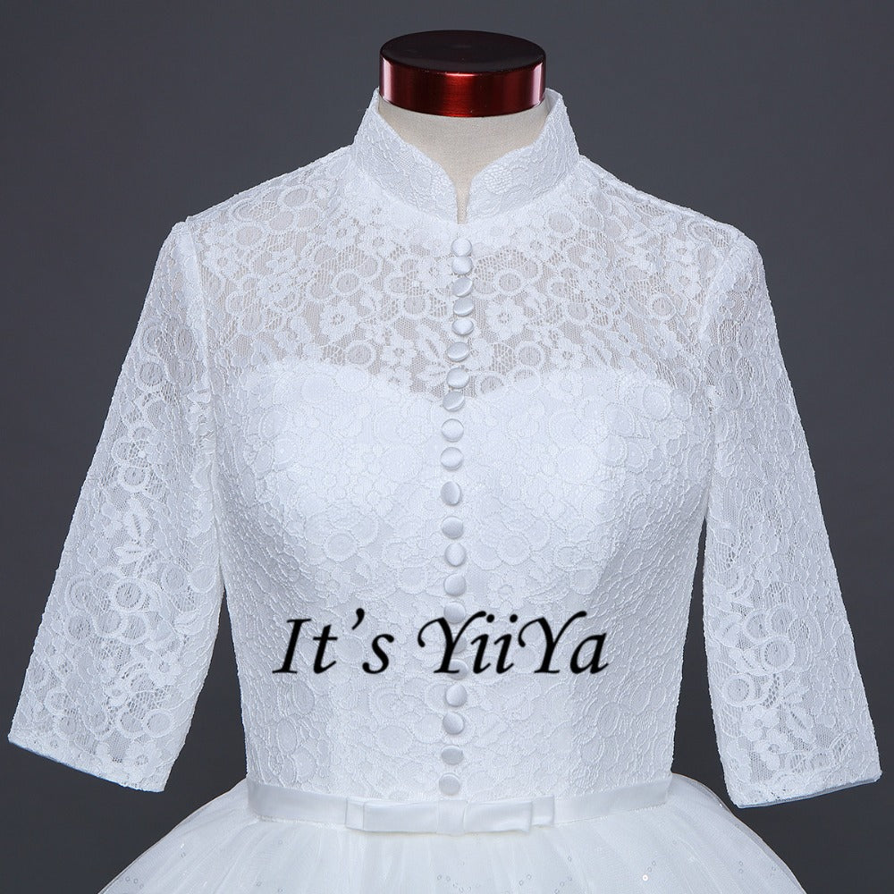 Free shipping White Wedding Ball Gowns High neck Three Quarter Sleeves Princess Vestidos De Novia Lovely Frock Bride Dress IY001
