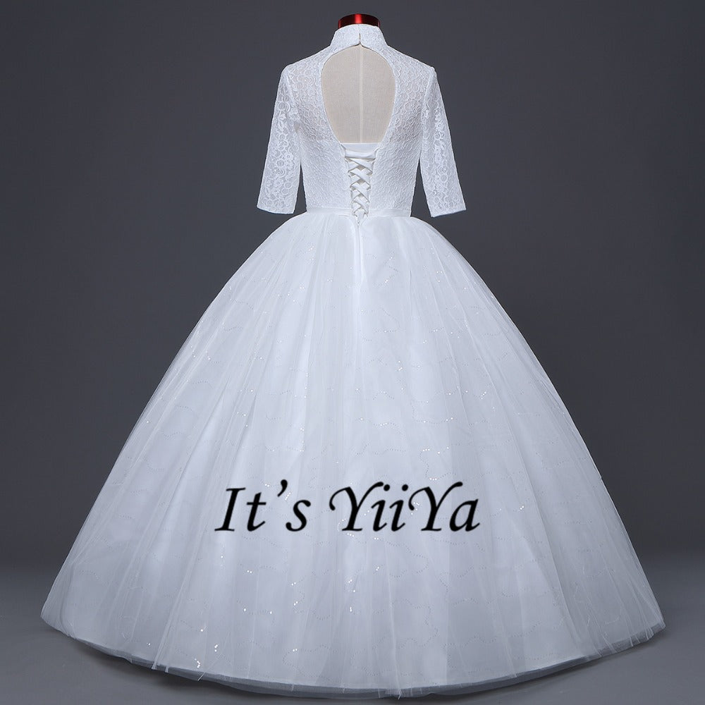 Free shipping White Wedding Ball Gowns High neck Three Quarter Sleeves Princess Vestidos De Novia Lovely Frock Bride Dress IY001