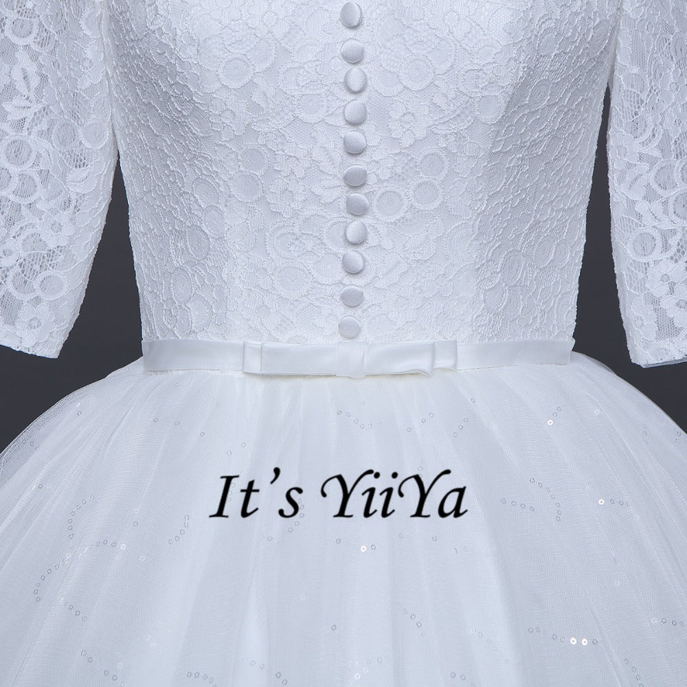 Free shipping White Wedding Ball Gowns High neck Three Quarter Sleeves Princess Vestidos De Novia Lovely Frock Bride Dress IY001