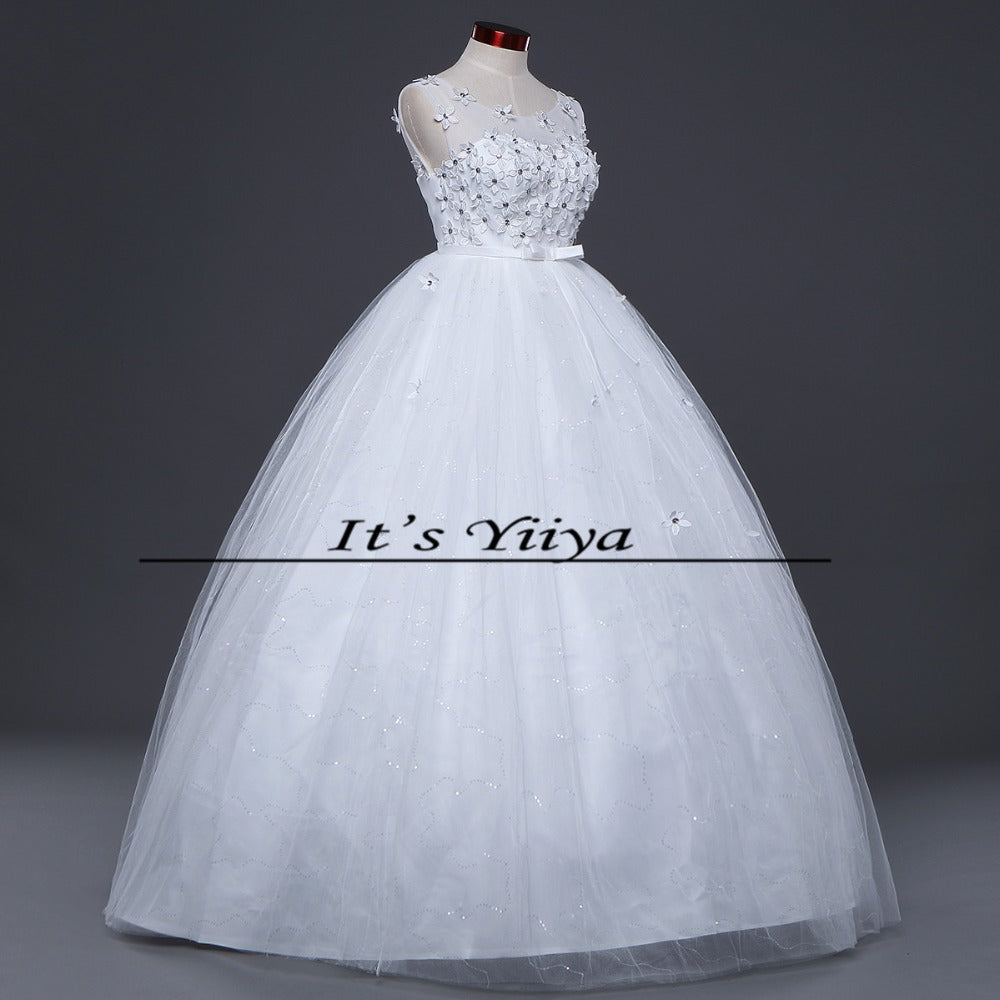 Free shipping New White Wedding Ball Gowns o-neck Sleeveless Cheap Princess Vestidos De Novia Wedding Frock Bride Dress HS237