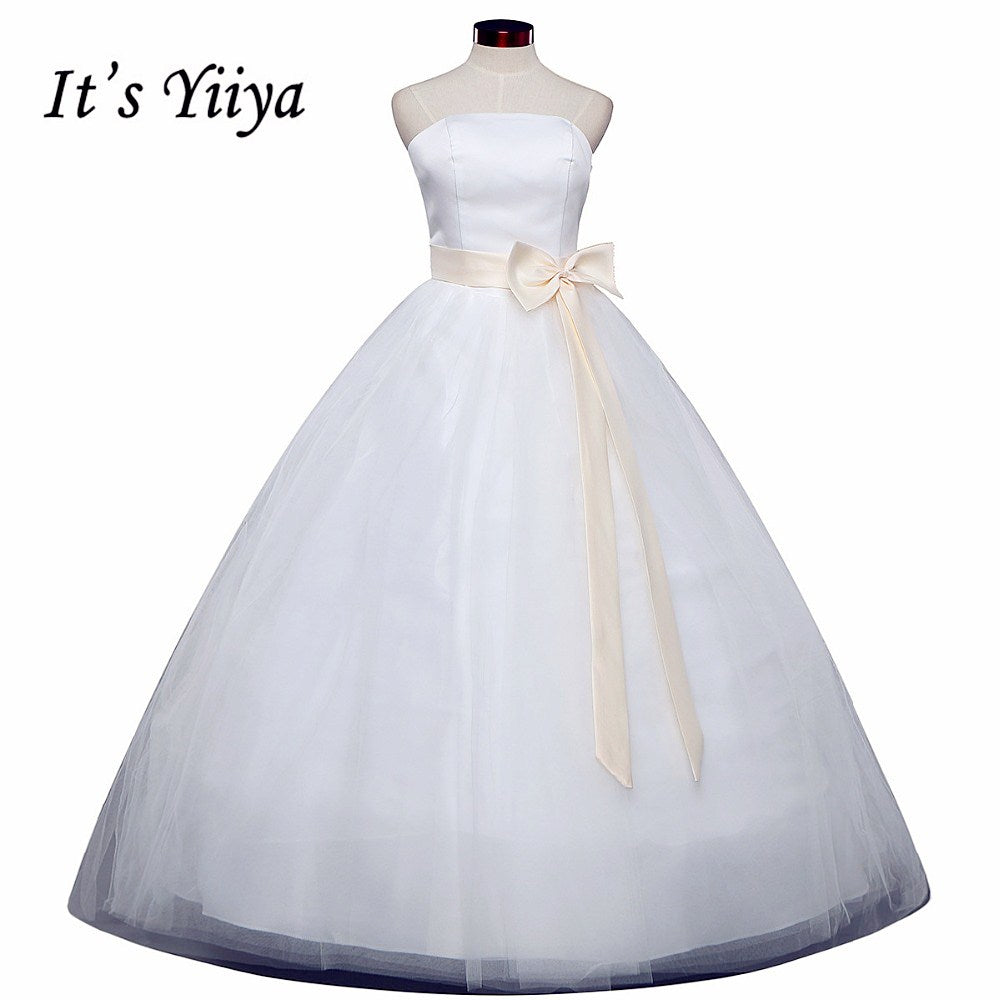 Free Shipping Strapless Cheap Bow Waist Champagne Wedding Dresses Floor Length Bride Gowns Plus Size Vestidos De Novia XXN011