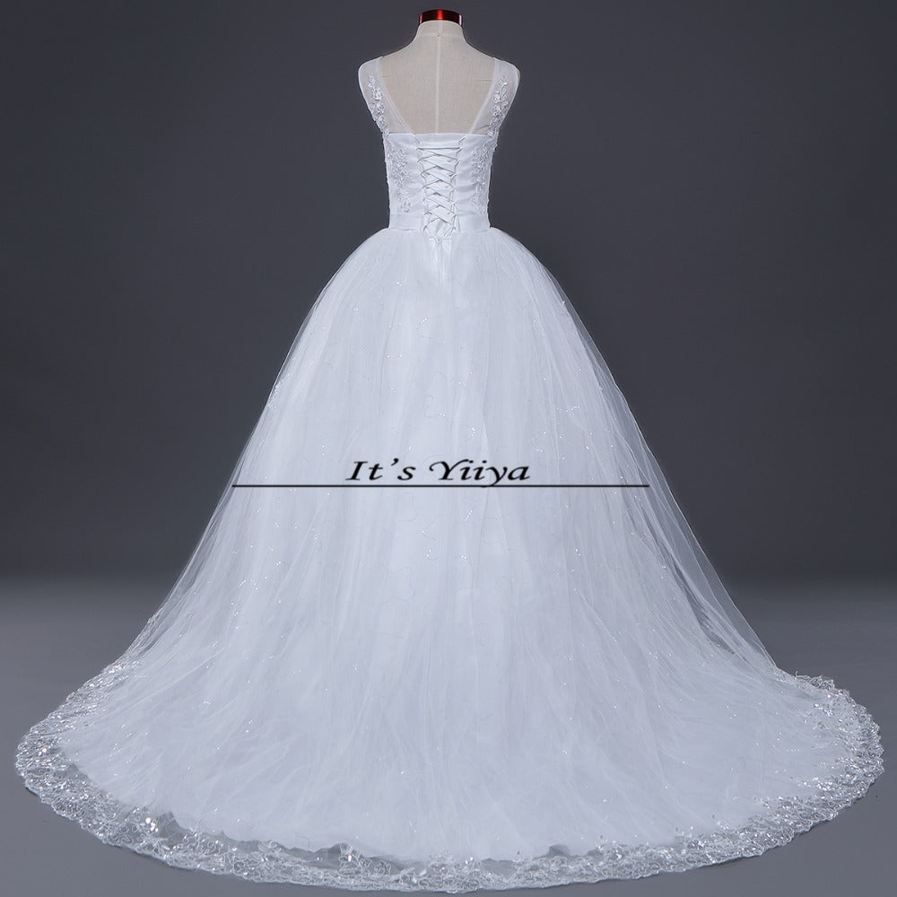 Free shipping YiiYa 2016 new V-neck Sleeveless Wedding Dresses Trailing Wedding Frocks White Train Bride Vestidos De Novia HS225