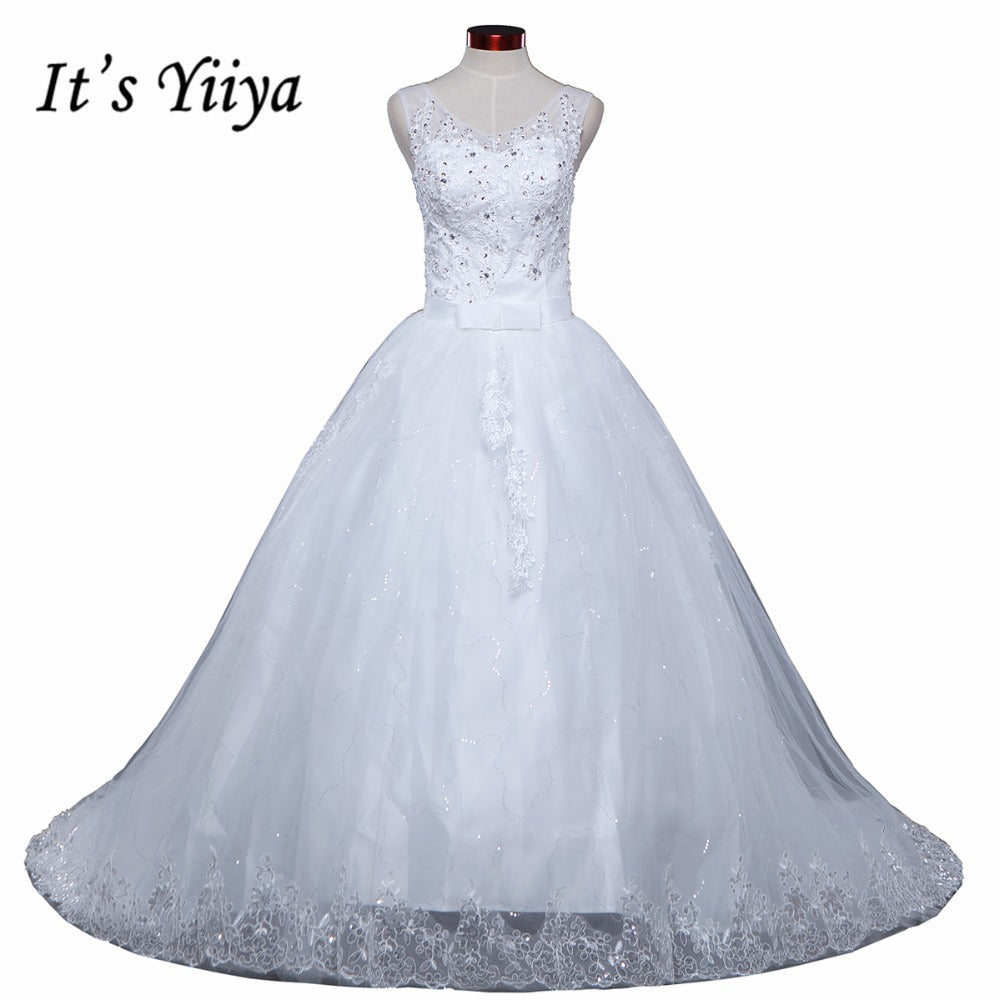 Free shipping YiiYa 2016 new V-neck Sleeveless Wedding Dresses Trailing Wedding Frocks White Train Bride Vestidos De Novia HS225