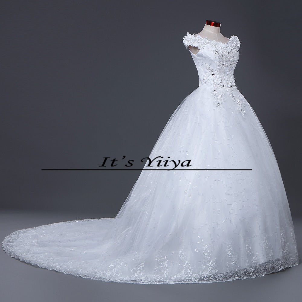 DHL Free Shipping New Train White Vestidos De Novia Design Bride Wedding frocks Boat Neck Flowers Bridal Wedding dresses TH82