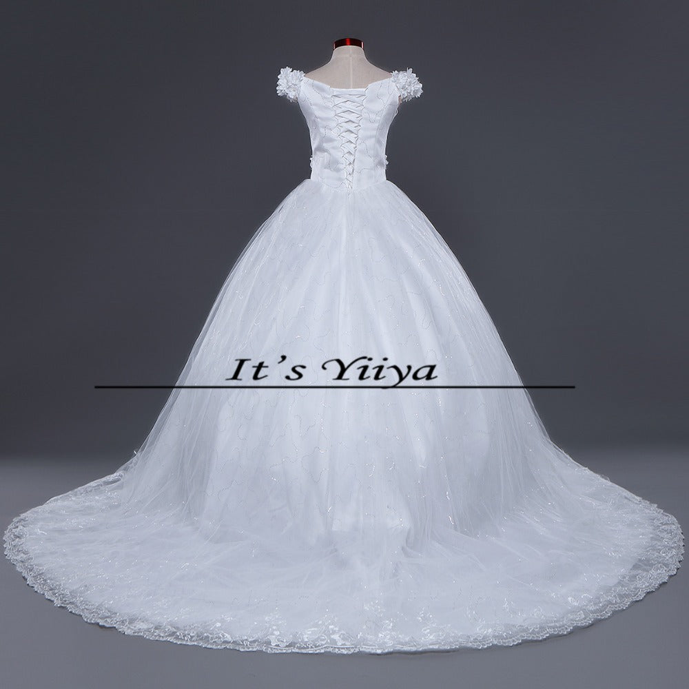DHL Free Shipping New Train White Vestidos De Novia Design Bride Wedding frocks Boat Neck Flowers Bridal Wedding dresses TH82