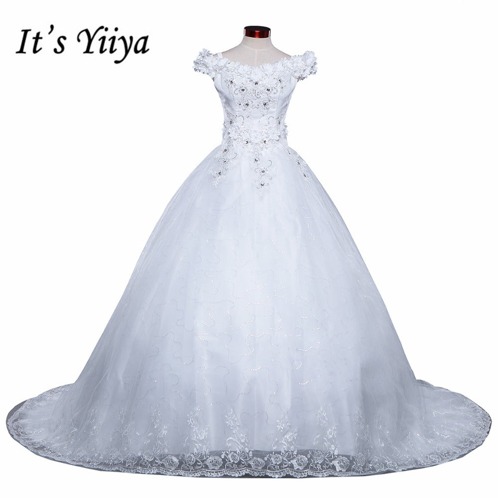 DHL Free Shipping New Train White Vestidos De Novia Design Bride Wedding frocks Boat Neck Flowers Bridal Wedding dresses TH82