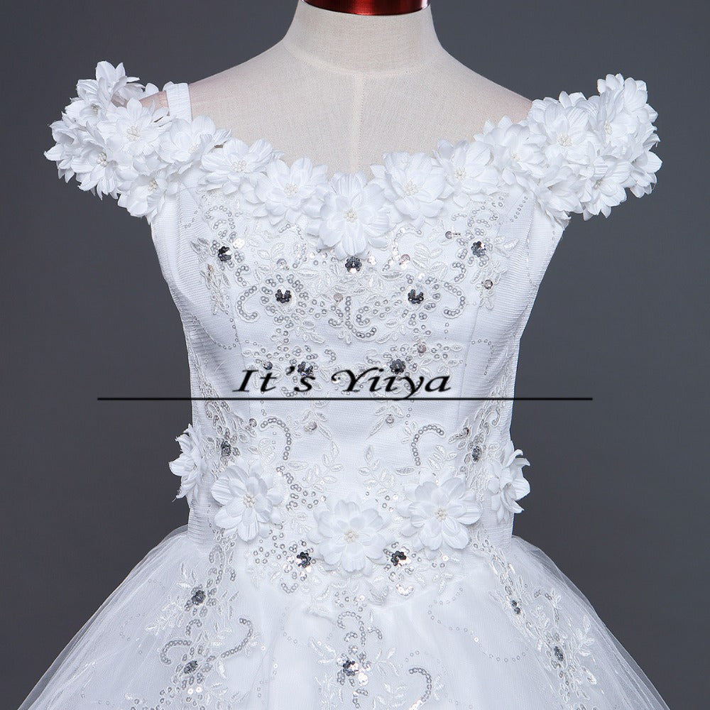 DHL Free Shipping New Train White Vestidos De Novia Design Bride Wedding frocks Boat Neck Flowers Bridal Wedding dresses TH82