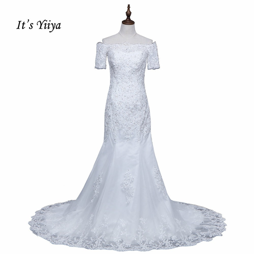 Free Shipping Short Sleeve Wedding dresses Mermaid Vestidos De Novia Off white dress Bridal Ball gowns Long train Frocks HS705
