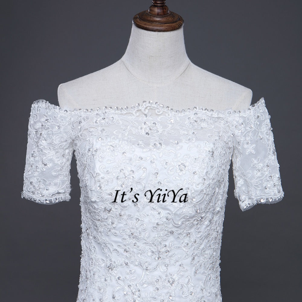 Free Shipping Short Sleeve Wedding dresses Mermaid Vestidos De Novia Off white dress Bridal Ball gowns Long train Frocks HS705