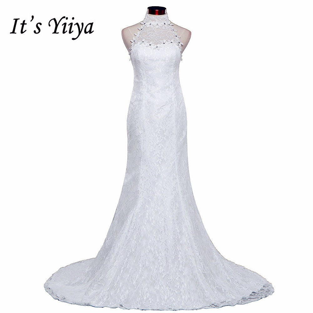Free shipping New Train White Red Mermaid Wedding Dresses Trailing Halt Neck Vestidos De Novia Short Sleeves Bride Gowns XXN165