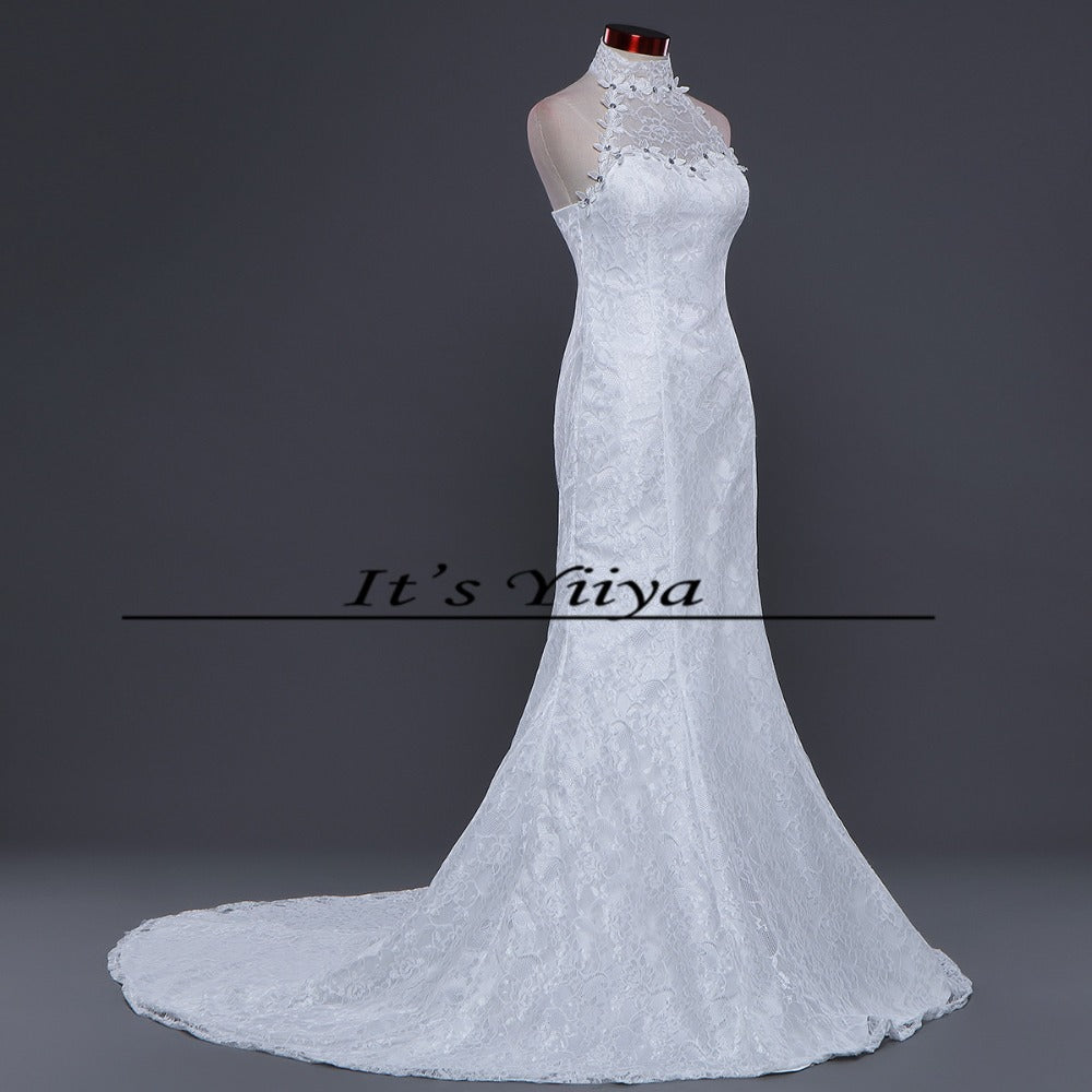Free shipping New Train White Red Mermaid Wedding Dresses Trailing Halt Neck Vestidos De Novia Short Sleeves Bride Gowns XXN165