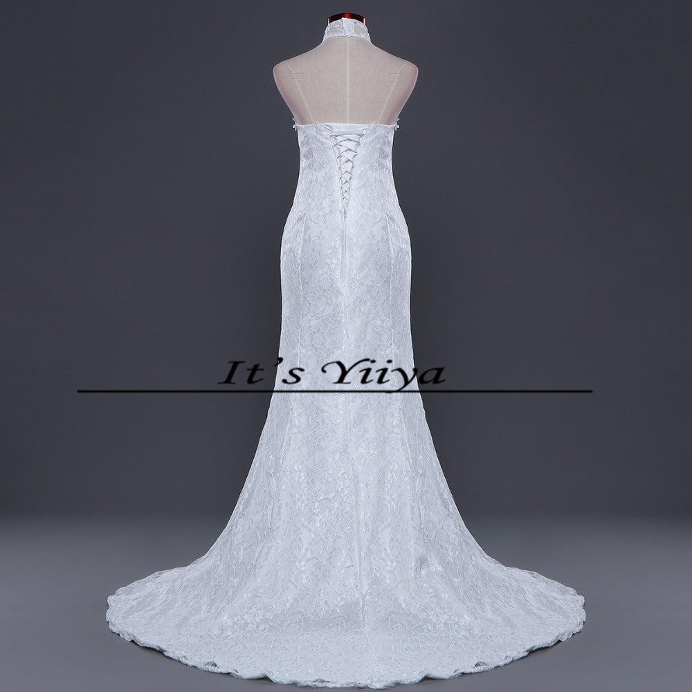 Free shipping New Train White Red Mermaid Wedding Dresses Trailing Halt Neck Vestidos De Novia Short Sleeves Bride Gowns XXN165