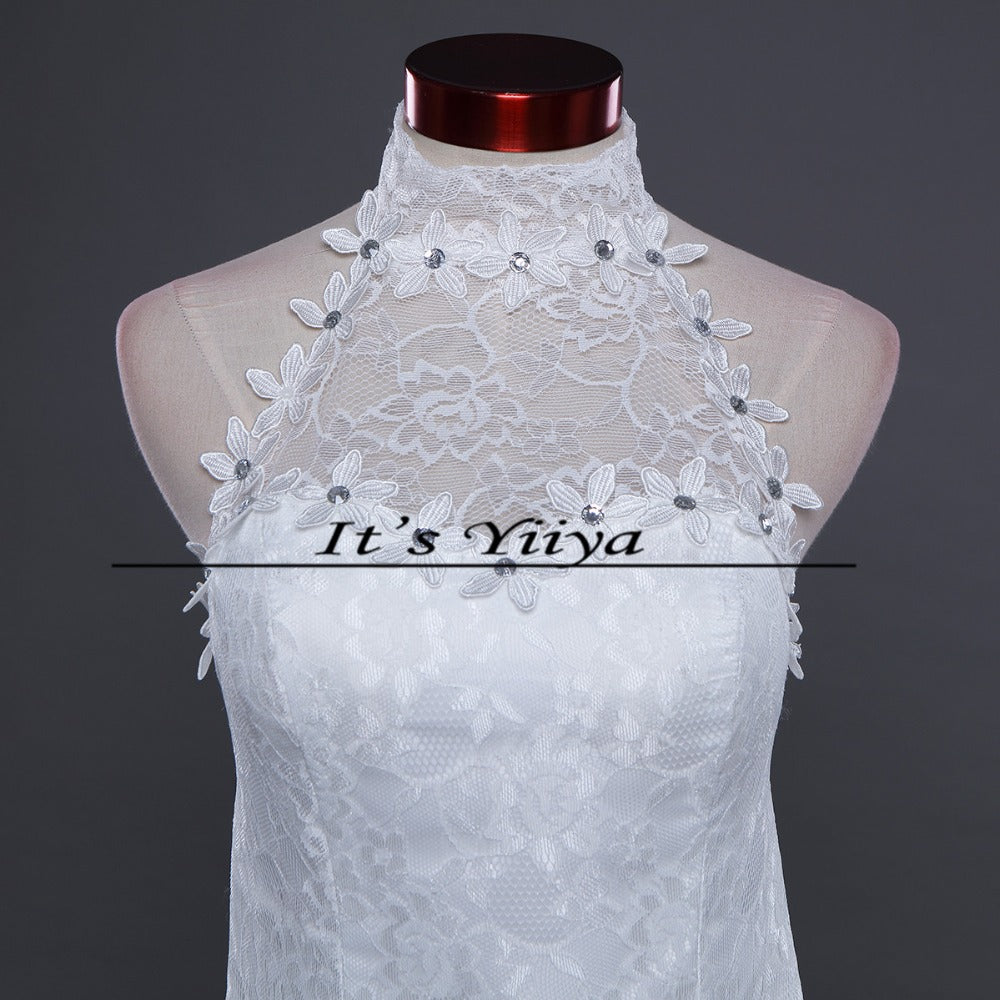 Free shipping New Train White Red Mermaid Wedding Dresses Trailing Halt Neck Vestidos De Novia Short Sleeves Bride Gowns XXN165