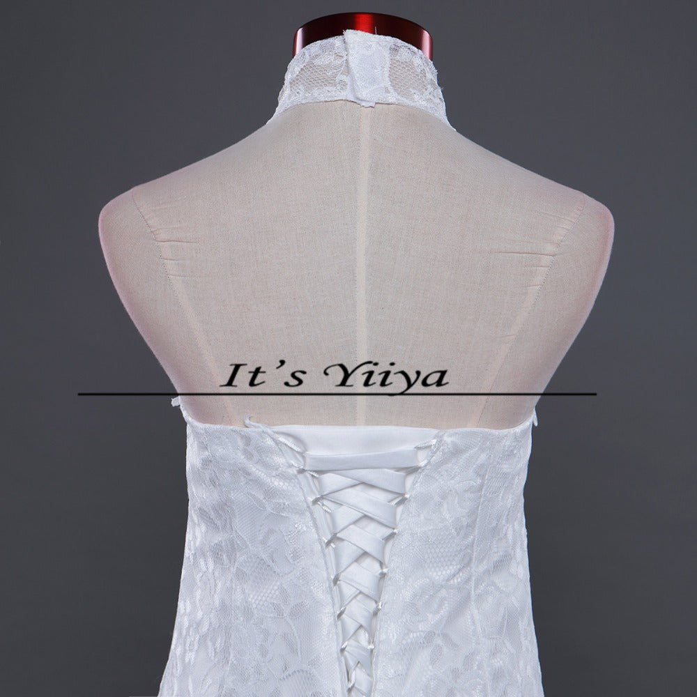 Free shipping New Train White Red Mermaid Wedding Dresses Trailing Halt Neck Vestidos De Novia Short Sleeves Bride Gowns XXN165