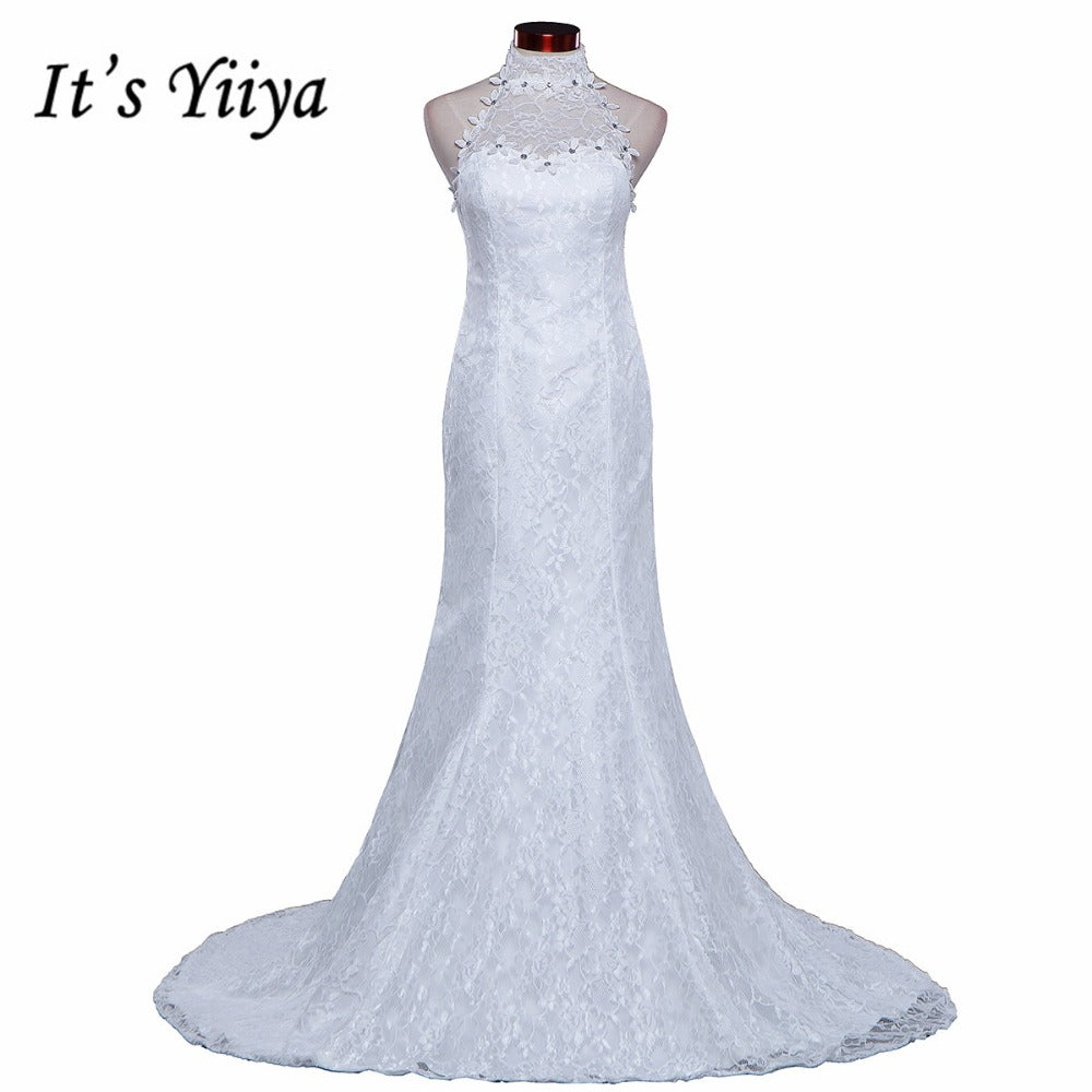 Free shipping New Train White Red Mermaid Wedding Dresses Trailing Halt Neck Vestidos De Novia Short Sleeves Bride Gowns XXN165