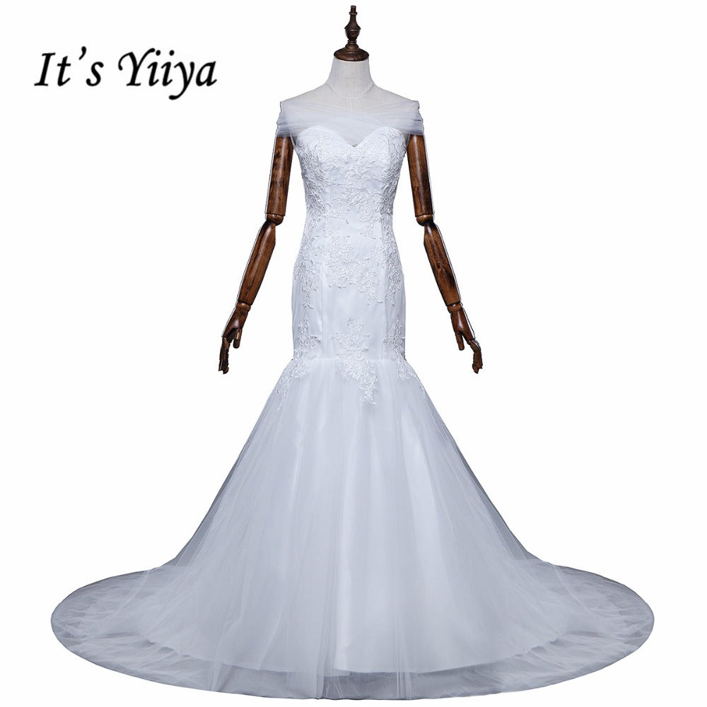 Free shipping 2016 new quality white Boat Neck Mermaid Trailing Vestidos De Novia Train Wedding Gowns Lace up Bride Frocks D95